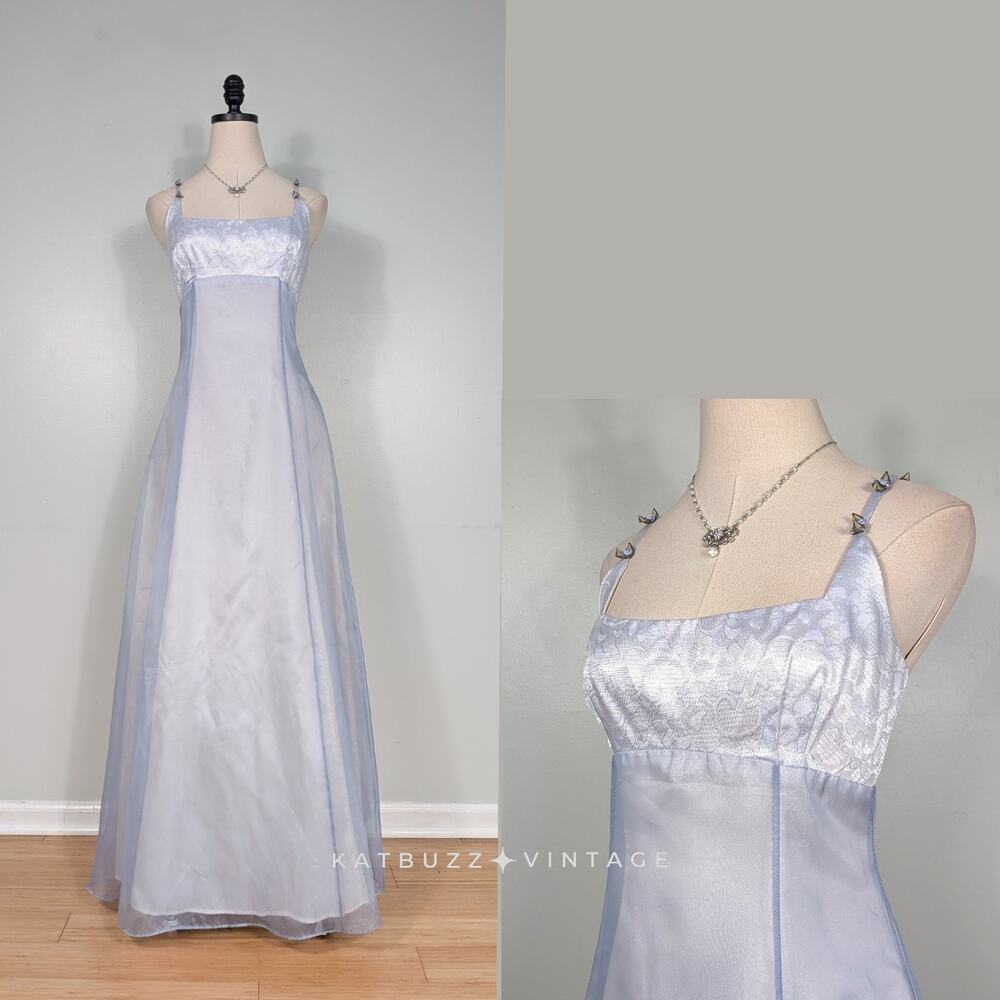 Vintage Prom Dress Maxi Gown S Blue White Fairy Princess Babydoll Regency 90s